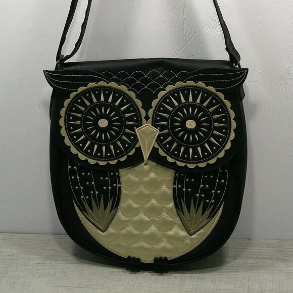 Loungefly Handbags - NWT Loungefly Embroidered Retro Black & Metallic Gold Owl Crossbody Shoulder Bag